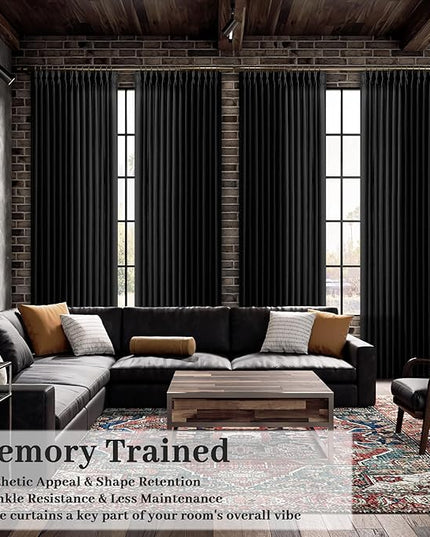Pinch Pleated Linen Black Curtains 90 Inches Long Drapes for Living Room, Light Fitering Non See Through Privacy Window Pleat Curtain with Back Tab Hooks for Bedroom Dining Room 2 Panels Set