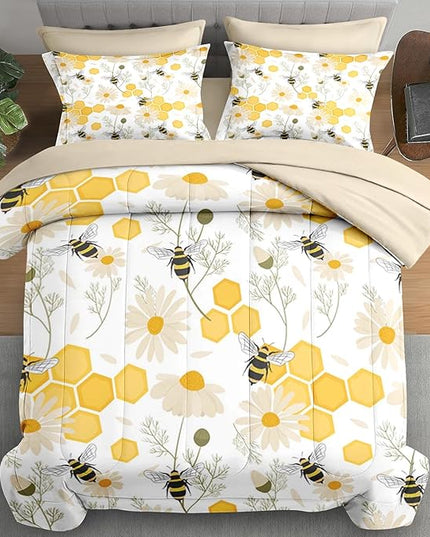 Comforter Set Full Size, Bees Honey Flower 7 Pcs Bedding for Kids and Adults, Spring Floral Summer Bed Sheet Sets with Fitted Sheet 2 Pillowcases & 2 Shams for Bedroom Bed Decor