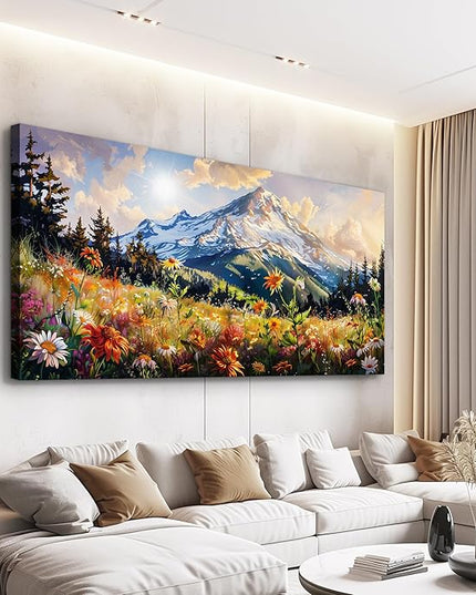 FUHAIHUA Large Framed Wall Decor For Living Room Canvas Wall Art For Office Farmhouse Wall Decorations For Bedroom Mountain Flower Landscape Paintings Modern Pictures Artwork Home Decor 24x48 In