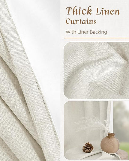 LAMIT 100% Blackout Curtains for Living Room, 95 Inch Linen Textured Thermal Insulated Bedroom Curtains Back Tab and Rod Pocket Farmhouse Neutral Panels with White Liner, 2 Panels, 52 x 95 Inch, Ivory