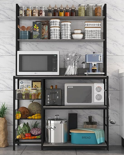 Large Baker Rack with Basket,5-Tier Kitchen Utility Storage Shelf with Hooks,Microwave Oven Stand with Storage,Suitable for Living Room, Dining Room,Coffee Bar(Grey)