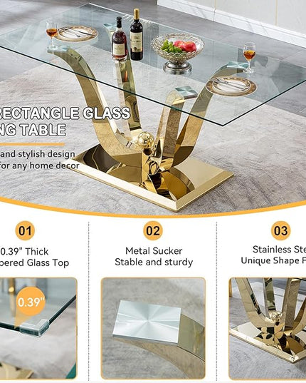 70" Modern Gold Glass Dining Table Set for 6, 7-Piece Rectangle Kitchen Dining Room Table Set with Steel Base & 6 Blue Velvet Upholstered Chairs, Modern Glass Kitchen Table and Chairs Set of 6