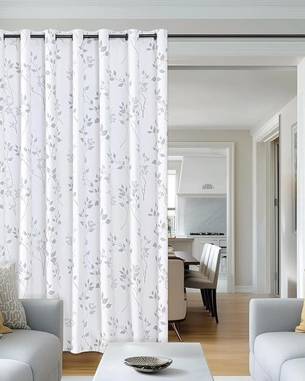 Beauoop Floral 100% Blackout Curtains 84 Inch Length 1 Panel for Patio Sliding Door Extra Wide Grey White Flower Patterned Divider Room Darkening Thermal Soundproof Grommet Window Drapes,100x84, 1 set