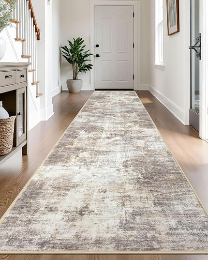 IOHOUZE Abstract Runner Rug 3x14 Ft Washable Runners for Hallways, Non Slip Kitchen Runner Printed Faux Wool Entryway Runner Indoor, Modern Abstract Floor Carpet for Hall Stair, Beige Brown