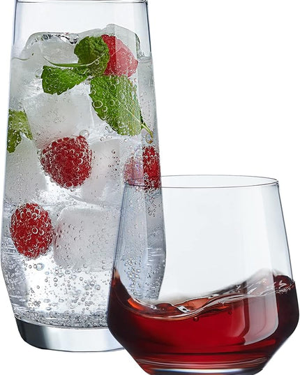 Everyday Drinking Glasses Set of 8-4 Tall Highball Glass Cups & 4 Short Dof Drinking Glass, Kitchen Glasses for Cocktail, Iced Coffee, Beer, Ice Tea, Wine, Whiskey, Water, & Drinkware.