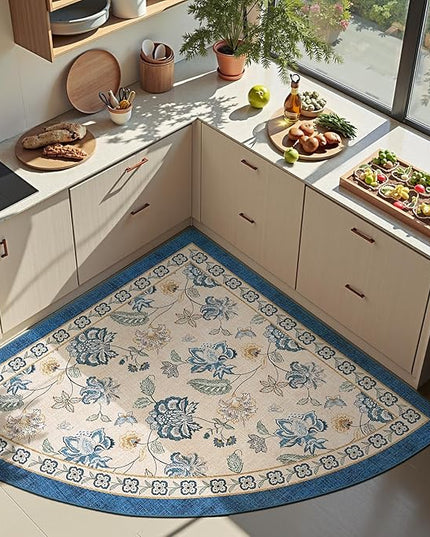 jinchan Elora Floral Corner Rug for Entryway Washable Rug Vintage Romance Design Non Slip Quarter Circle Lightweight Low-Pile Throw Carpet for Playroom Reading Nook Nursery, 4ft Radius, Blue/Beige