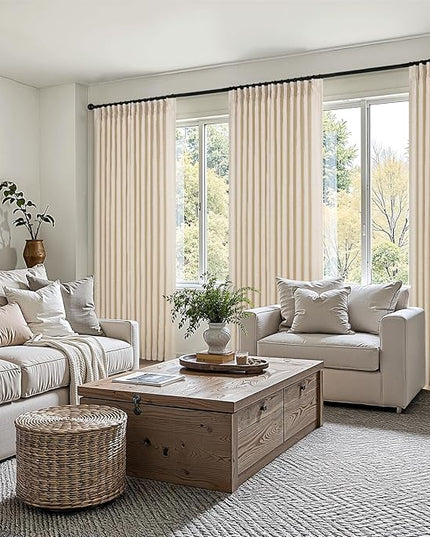 Topfinel Sand Beige Pinch Pleated Linen Curtains 84 Inch Length 2 Panels for Bedroom Living Room Textured Semi Sheer Window Curtain Boho Neutral Back Tab Pinch Pleat Drape with Hooks 84 Inches Long