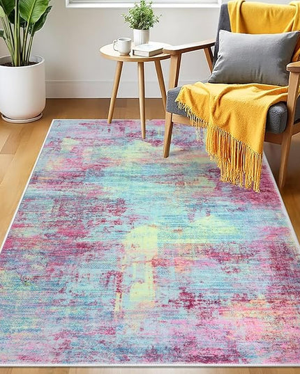IOHOUZE Abstract Area Rug 3x5 Ft Washable Rugs for Entryway Indoor, Non Slip Kitchen Rug Printed Faux Wool Throw Rugs, Indoor Door Mat for Door Entrance Foyer Living Room, Pink Teal