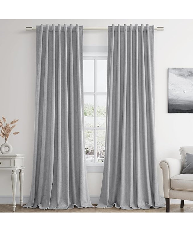 Guken Grey Linen Blackout Curtains 102 Inch Length 2 Panels Set for Living Room Bedroom Back Tab Thermal Insulated 100% Black Out Linen Drapes Room Darkening Window Curtains 102 Inches Long