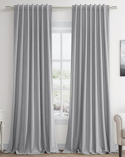Guken Grey Linen Blackout Curtains 96 Inch Length 2 Panels Set for Living Room Bedroom Back Tab Thermal Insulated 100% Black Out Linen Drapes Room Darkening Window Curtains 96 Inches Long