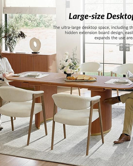 Modern Extendable Dining Table, Light Oak Wood, Mid-Century Design with Hidden Extension Board, Fluted Double Column Base, Rounded Corners, for Kitchen, Living Room