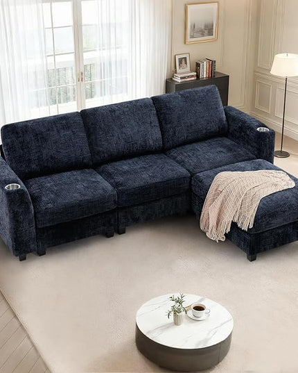 87" Convertible L-Shape Couch with Flexible Ottoman, Soft Sectional Sofa with 2 Built-in Cup Holders, Chenille 3 Seats Sofa with Well-Filled Back Cushions for Living Room, House, Blue