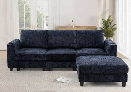 87" Convertible L-Shape Couch with Flexible Ottoman, Soft Sectional Sofa with 2 Built-in Cup Holders, Chenille 3 Seats Sofa with Well-Filled Back Cushions for Living Room, House, Blue