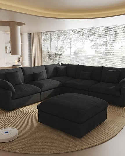 Modular Sectional Sofa Couch, 119.29" V Shaped Modular Couch with Storage Ottoman, Down Filled Convertible Sofa for Living Room, 6 Seat Wide Couches,Cushion Covers Removable,Black