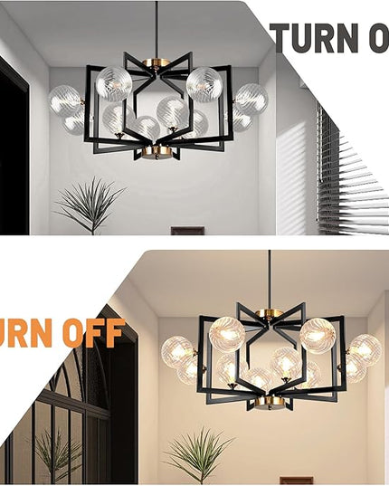 12 Light Black Dining Room Light Fixture Geometric Metal Hanging Pendant Light Fixtures Black Farmhouse Chandelier with Clear Swirled Globe Farmhouse Dining Room Chandelier for Entryway Foyer Kitchen