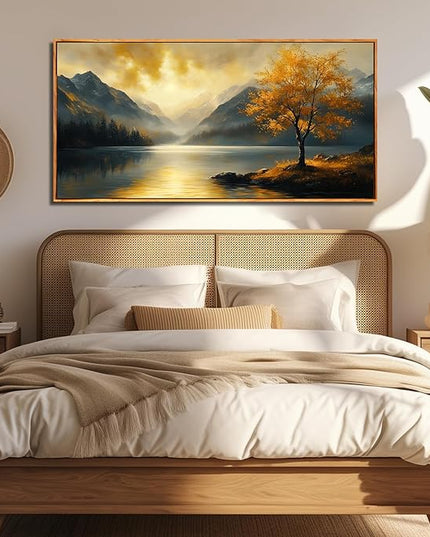 Scenery Picture Wall Art Landscape Canvas Art for Living Room Office Bedroom Yellow Lake Wall Decor Large Sunshine Forest Artwork 29" x 59"