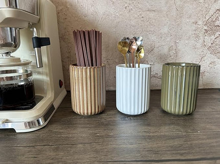 Stoneware Coffee Bar Utensil Holder Tea & Coffee Spoon & Stirrer Holder for Stir Stick Straw Teaspoon Holder Spoon Cup Small Utensil Jar Fluted Vertical Stripe (Pure White)