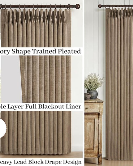 Rust Brown Pinch Pleated Blackout 90 Inch Curtains for Sliding Glass Doors 2 Panels Set, Memory Shape Linen Thermal Sound Dampening Dual Layer Heavy Drapes Textured Windows Curtain 40x90 Inches Long