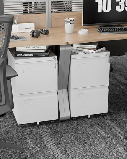 METAN 2 Drawer Vertical File Cabinet with Lock, Mobile Metal Filing Cabinet for Legal/Letter Size, Office Storage File Cabinet Under Desk with Card Holder,Assembly Required,White