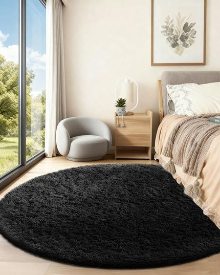 Ophanie Round Rug 5Ft Black Circle Area Rug, Room Decor for Men, Fluffy Fuzzy Bedroom Carpet, Plush Soft Shaggy Living Room Rugs for Kids Home Decor Aesthetic, Nursery
