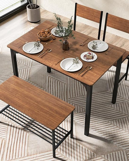 COSTWAY Dining Table Set for 4, Rectangular Kitchen Table Set with Bench and 2 Chairs, Storage Rack & Metal Frame, 4-Piece Dining Room Table and Chairs Set for Small Space, Apartment (Brown)