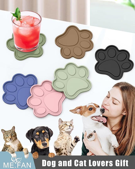 ME.FAN Silicone Coasters 6 Pack Paw Cup Mat with Holder, Dog Cat Paw Shape, for Hot or Cold Drink, Non-Slip, Non-Stick, Room Decor, Housewarming Olive Green