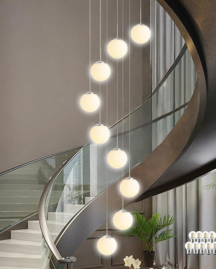 KoKo&Yukina 9-Light Globe Milky White Glass Pendant Light Adjustable Length Pendant Lights Modern Glass Globe Pendant Lights Nickel Chandeliers Large Chandeliers for High Ceiling (Bulb & Remote Incl)