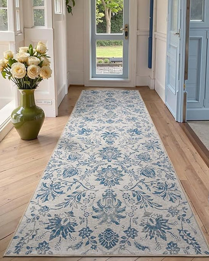 jinchan Torino Runner Rugs 3x8, Vintage-Inspired Floral Design Machine Washable Non-Slip Ultra-Thin Low-Pile Rubber Backing Traditional Rug for Kitchen Hallway Laundry Room Entryway Dark Blue