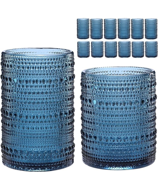 Vintage Glassware Drinking Glasses Set of 12,Blue 12oz & 15oz Hobnail Glass Cups,Embossed Water Tumbler,for Beer,Cocktail,Whiskey,Juice and Various Mixed Drinks- 1 Cleaning Brush