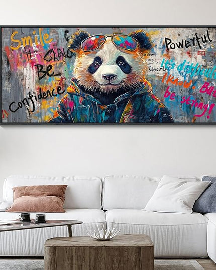 JEAWA Framed Canvas Wall Art - Extra Large Panda Abstract Graffiti Street Art Wall Picture Black and White Paintings Ready to Hang Living Room Bedroom Home Office Inspirational Decor 31.5x70 IN