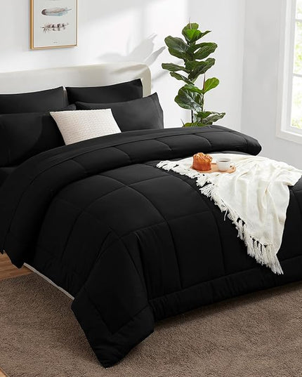 CozyLux Oversized Queen Comforter Sets Black, 7 Pieces Bed in a Bag, Ultra-Soft All Season Bedding Sets with Stitch Quilted Comforter, Flat Sheet, Fitted Sheet, Pillowcases, Black