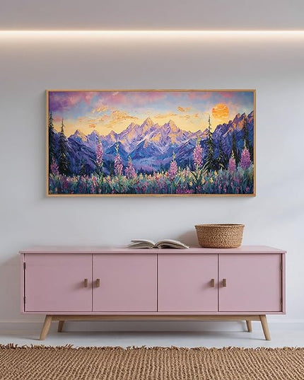HOURIA Purple Sunset Mountain Landscape Framed Canvas Wall Art Set,Nature Pine Tree Wildflowers Wall Decor,Golden Sunlight Wall Painting,Modern Field Art Prints for Living Room, Bedroom-20 x40 x1