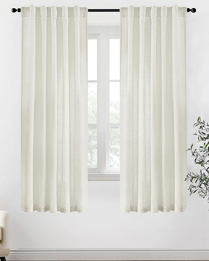 XTMYI 72 Inch Long Linen Curtains for Living Room,Sheer Semi Privacy Back Tab Hooks Pleated Light Filtering Sidelight French Door Curtain Drapes 72 Inch Length 2 Panels Set,Cream Ivory