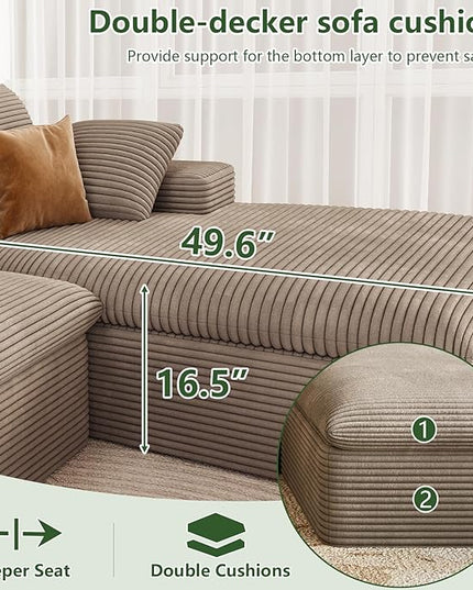 136" W Cloud Couch Modular Sectional Sofa for Living Room, U-Shape Boneless Couch with Deep Seat, Modern Corduroy 4-Seater with Ottoman, No Assembly Required (Camel,Right-Facing Chaise)