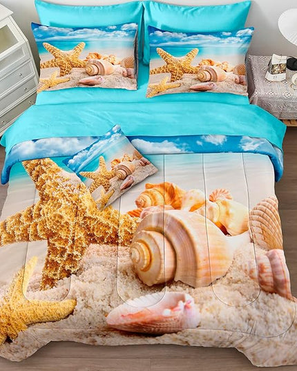 Bedbay Beach Comforter Set 8 Pieces Queen Size Coastal Bedding Queen Bed in a Bag Shell Starfish Beach Themed Bedding Set Soft Microfiber Ocean Comforter for All Season