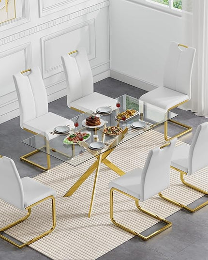 7 Piece Glass Dining Table Set, Gold Glass Kitchen Dining Room Table Set for 6, Modern 51" Rectangular Glass Metal Dining Table with 6 White Leather Dining Chairs for Kitchen Dining Room