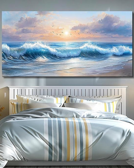XIGUANGART Blue Ocean Paintings Canvas Prints Wall Art for Living Room Large Wall Decor for Bedroom Modern Minimalist Artwork Beach Sunrise Sea Wave Nature Pictures Office and Bathroom Home Decor