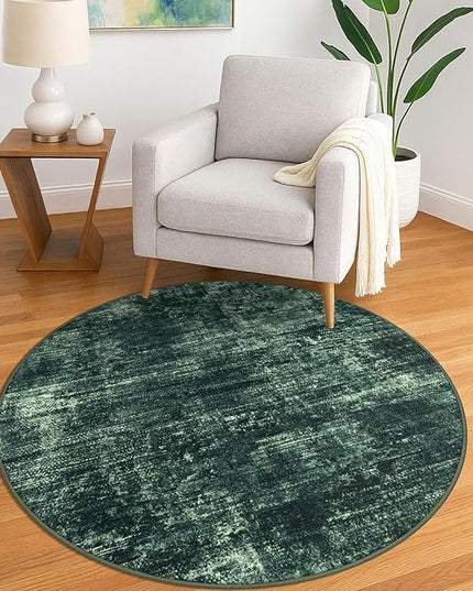 IOHOUZE Round Area Rug 5 Ft Circle Entryway Rugs Round Washable Door Mat Indoor Entrance, Non Slip Circle Front Door Rug, Printed Abstract Faux Wool Floor Carpet for Foyer Porch Sink, Dark Green