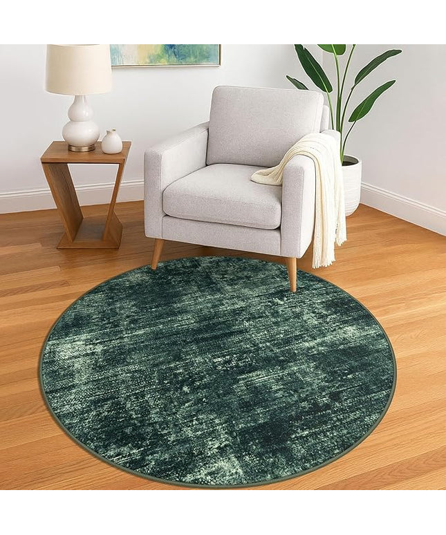 IOHOUZE Round Area Rug 5 Ft Circle Entryway Rugs Round Washable Door Mat Indoor Entrance, Non Slip Circle Front Door Rug, Printed Abstract Faux Wool Floor Carpet for Foyer Porch Sink, Dark Green