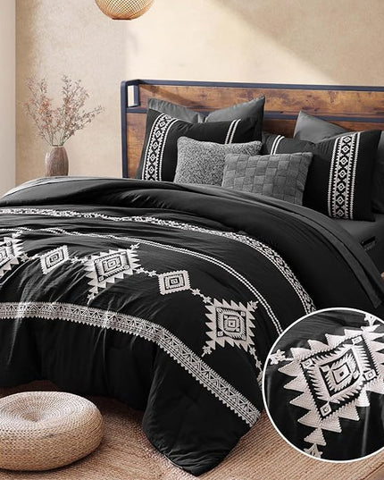 MaiRêve Embroidery Comforter Set, Boho Farmhouse Western Bedding Set, All Season Bed in A Bag Comforter Set with Sheets, Pillowcases & Shams, Black Oversized Queen 7 Pieces