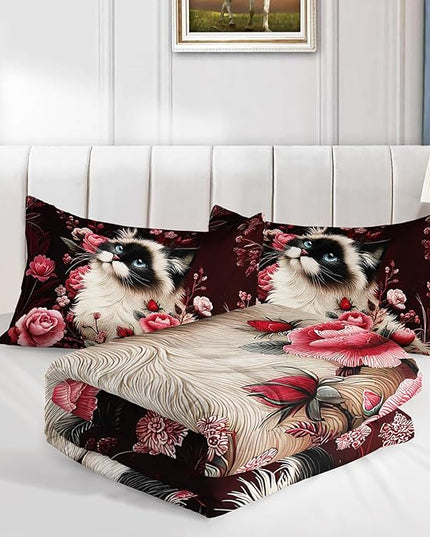 AILONEN Cute Kitten Comforter Set,Kawaii Siamese Cat Bedding Sets for Kids Girls Twin Size,Pink Floral Duvet Set with 2 Pillowcase,Soft Breathable and Microfiber
