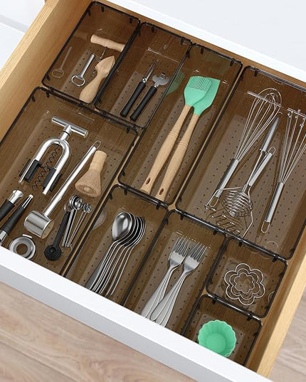 23 PCS Clear Plastic Drawer Organizers Set, 4 Size Desk Drawer Organizer Trays for Makeup, Jewelry, Kitchen Utensils, Gadgets and Office Accessories, Black