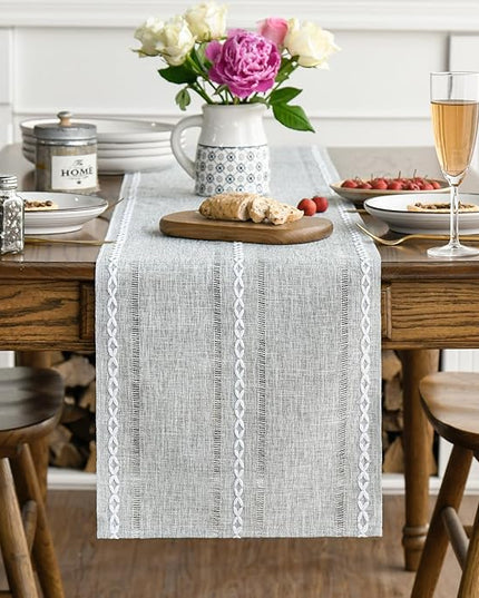 Artoid Mode Grey Rustic Cotton Linen Table Runner, Seasonal Embroidered Hollow Kitchen Dining Table Decoration for Home Party Decor 13x60 Inch