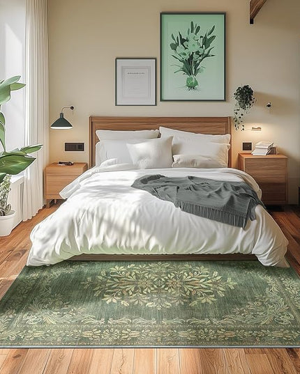 jinchan Green Floral 5x7 Area Rugs for Living Room - Machine Washable Distressed Vintage Design Soft Low-Pile Non-Slip Christmas Carpet for Dining Room Bedroom Home Office Nursery (5x7ft, Dark Green)