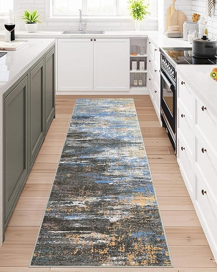 Washable Runner Rug 2x6 Modern Abstract Kitchen Rugs, Non Slip Bathroom Rug, Low Pile Laundry Room Soft Long Carpet for Hallway Bedroom Entryway, Blue/Brown