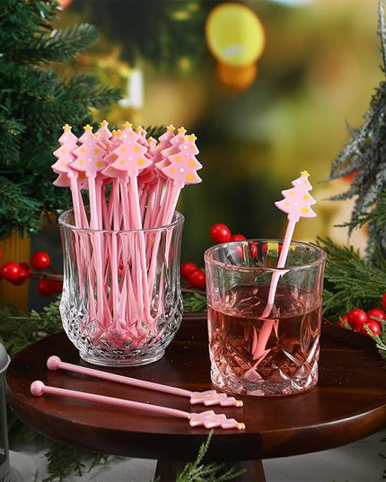 30 Pcs Christmas Drink Stirrers Xmas Stir Stick Holiday Coffee Swizzle Stick Reusable Plastic Hot Cocoa Bar Chocolate Decoration Cocktail Mixer(Christmas Tree,Pink Color)