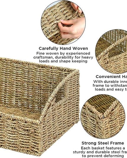 Ollieroo Natural Seagrass Storage Baskets, Handwoven Wicker Storage Bins with Built-in Handles, Storage Container Baskets for Shelves, Bedroom, Bathroom, Laundry Room or Kitchen(Green)