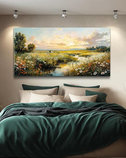 XIGUANGART Rustic Landscape Wall Art Canvas Prints Nature River Meadow flowers Wall Decor Sunset Pastoral Abstract Pictures Modern Artwork for Living Room Bedroom Kitchen Office Large Home Decorations