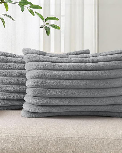 Pallene Faux Fur Plush Lumbar Throw Pillow Covers 12x20 Set of 2, Luxury Soft Fluffy Striped Decorative Pillow Covers for Sofa, Couch, Living Room, Grey