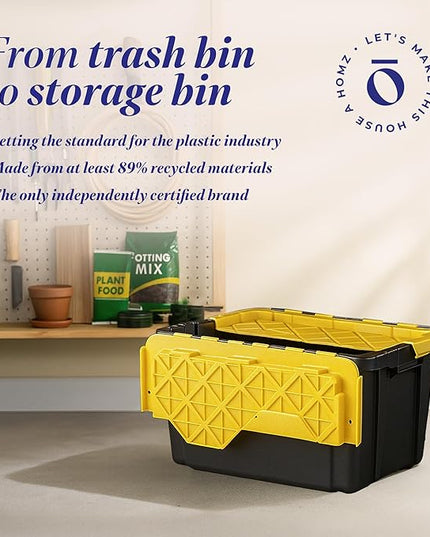 HOMZ 6-Pack Durabilt Tote, Heavy Duty Plastic Storage Bins with Lids, 15 Gallon, Black/Yellow - Stackable Organizing Containers for Home, Garage, and Office